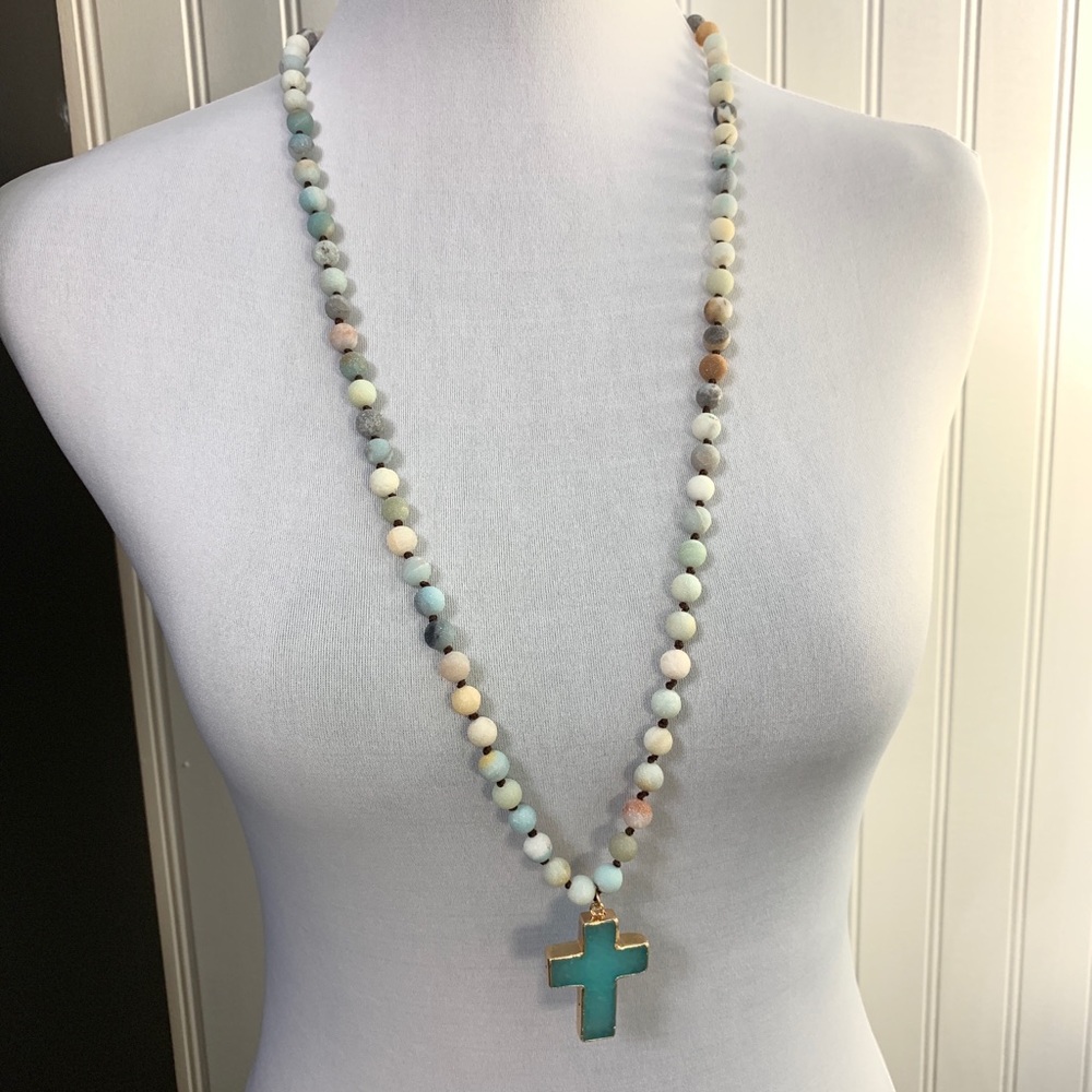 36 Inch Long Beaded Cross Necklace, NWT Turquoise